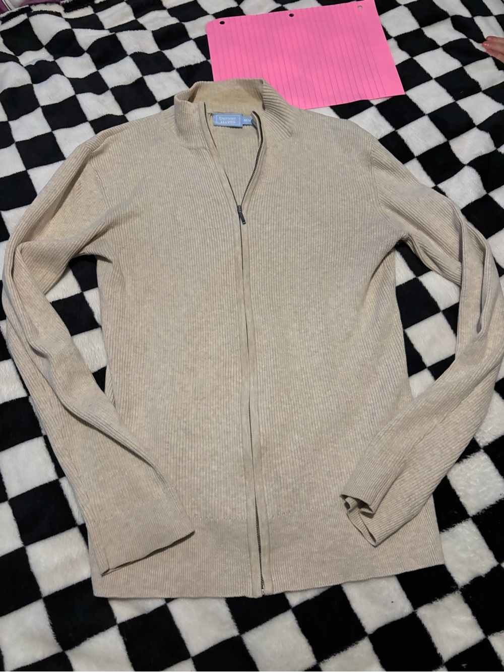 Medium Beige Full-Zip Ribbed womens Sweater from Denver Haynes